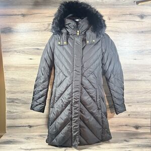 Larry Levine Women's Down-Filled puffer Coat W Faux Fur-Trimmed Hood long Sm-med